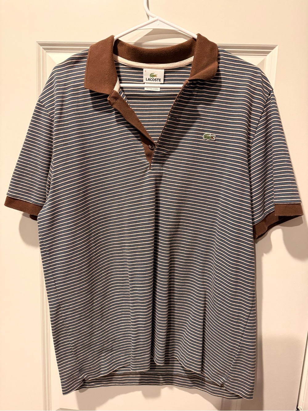 Lacoste Brown Collar Blue & White Striped Polo